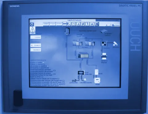 Οθόνη αφής Siemens SIMATIC Panel PC με διάγραμμα δικτύου αυτοματισμού